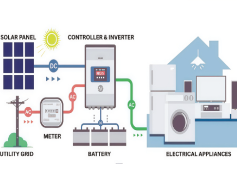 Hybrid solar system connection diagram from the Greenroots brochure