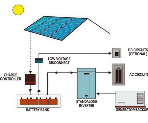 Off-grid solar system connection diagram from the Greenroots brochure